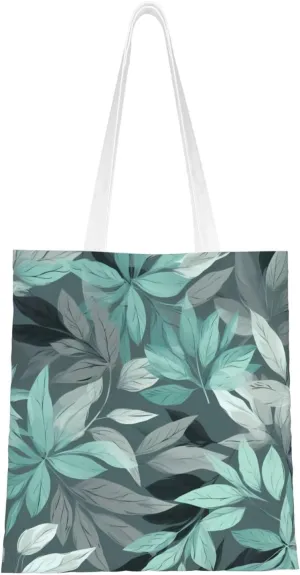 (Mint Gray Leaves) Reusable Canvas Tote Bag For Women Lightweight Handbag Shopping Bag Stylish Shoulder Bag