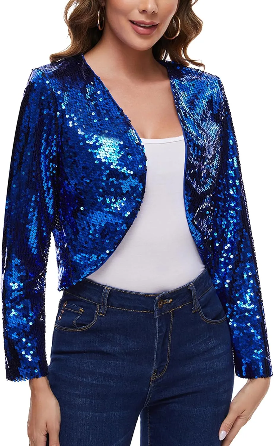 MINTLIMIT Women's Sequin Shrug Bolero Long Sleeve Open Front Party Sparkly Cropped Cardigan Glitter Shiny Jackets
