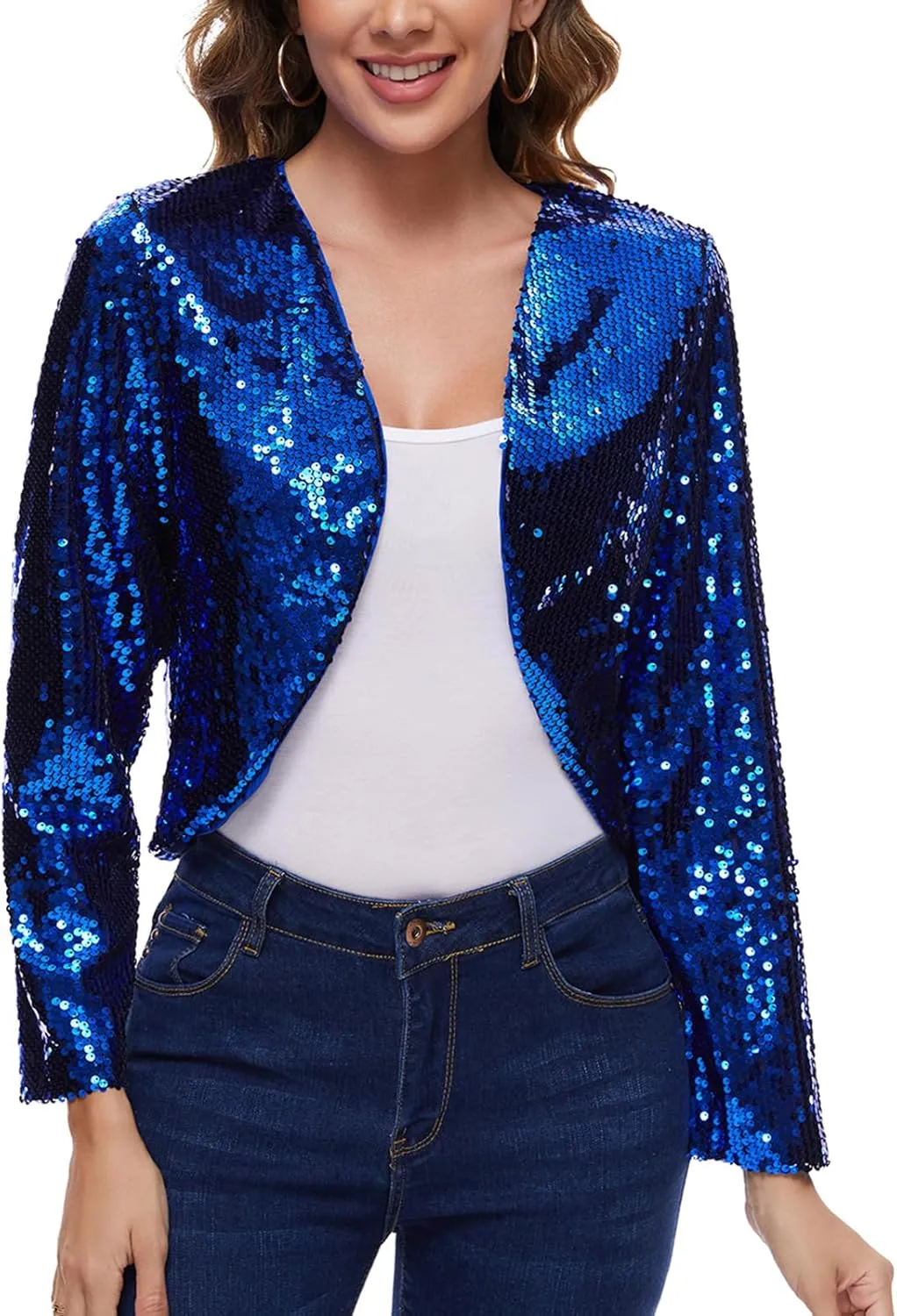MINTLIMIT Women's Sequin Shrug Bolero Long Sleeve Open Front Party Sparkly Cropped Cardigan Glitter Shiny Jackets