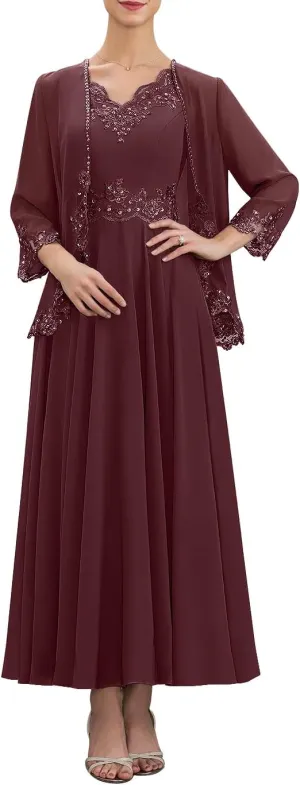 Mother of The Bride Dresses for Wedding with Jackets Beaded Sequin Lace Chiffon Formal Wedding Guest Dresses