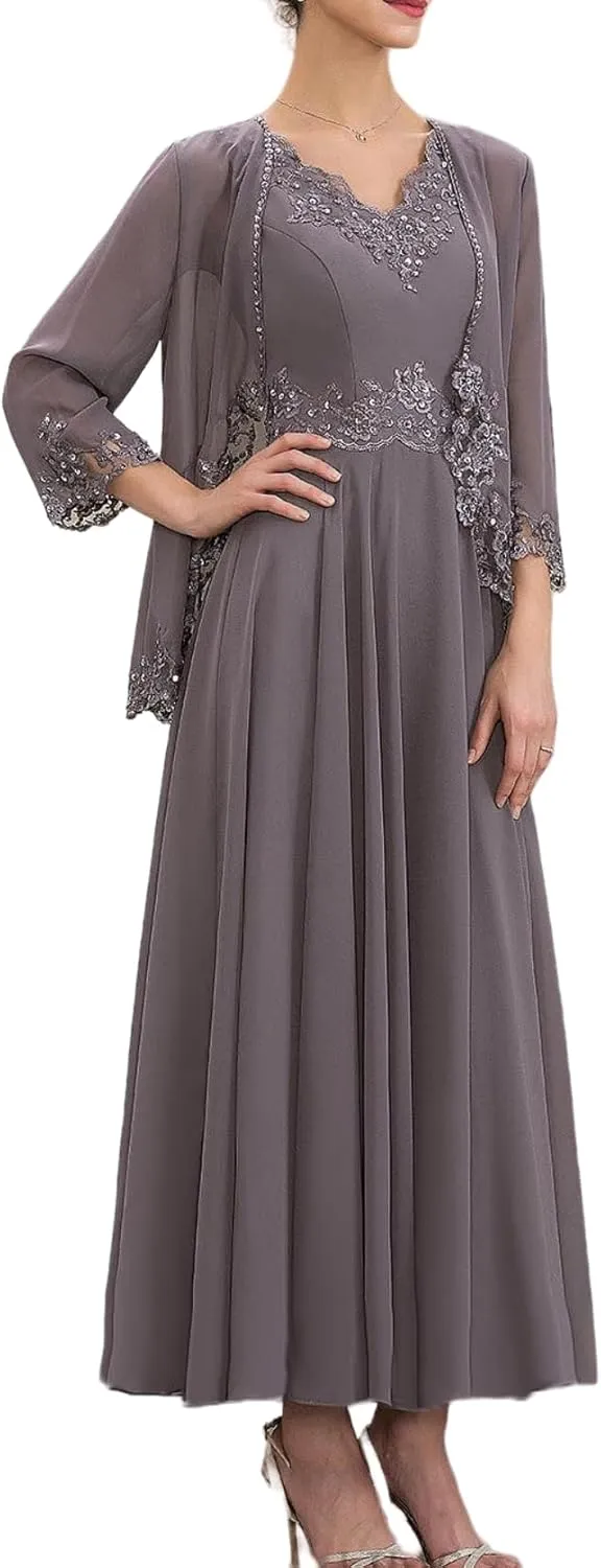 Mother of The Bride Dresses for Wedding with Jackets Beaded Sequin Lace Chiffon Formal Wedding Guest Dresses