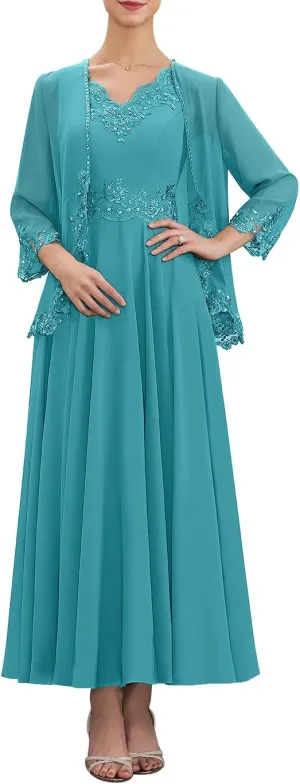 Mother of The Bride Dresses for Wedding with Jackets Beaded Sequin Lace Chiffon Formal Wedding Guest Dresses