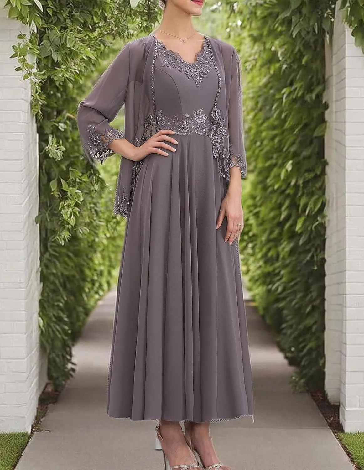Mother of The Bride Dresses for Wedding with Jackets Beaded Sequin Lace Chiffon Formal Wedding Guest Dresses