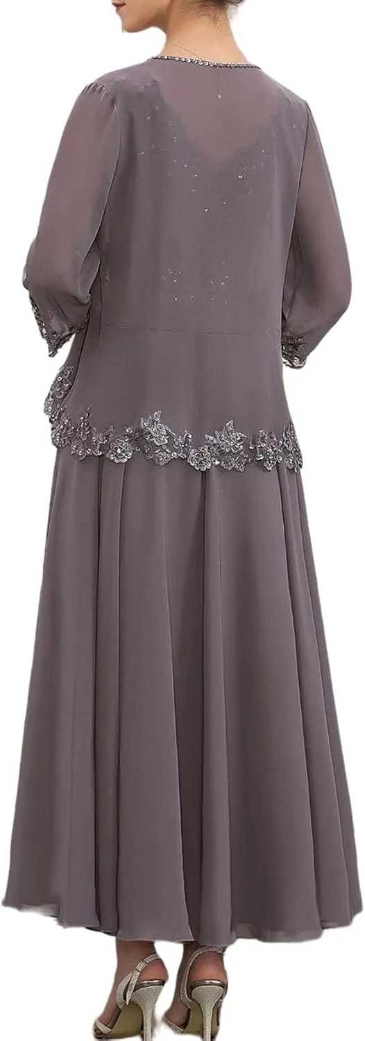 Mother of The Bride Dresses for Wedding with Jackets Beaded Sequin Lace Chiffon Formal Wedding Guest Dresses