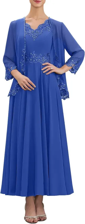 Mother of The Bride Dresses for Wedding with Jackets Beaded Sequin Lace Chiffon Formal Wedding Guest Dresses