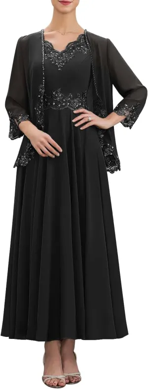 Mother of The Bride Dresses for Wedding with Jackets Beaded Sequin Lace Chiffon Formal Wedding Guest Dresses