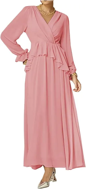 Mother of The Bride Dresses with Long Sleeves for Wedding Petite Formal Evening Gown V-Neck Mother of Groom Dresses