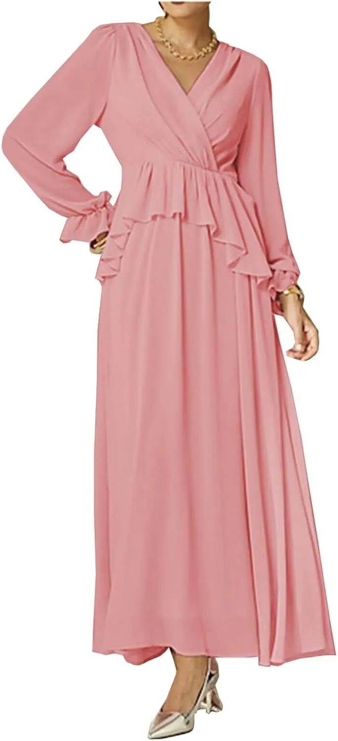 Mother of The Bride Dresses with Long Sleeves for Wedding Petite Formal Evening Gown V-Neck Mother of Groom Dresses