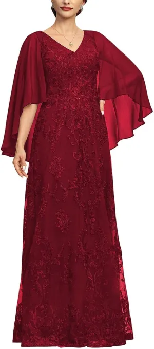 NABN Mother of The Bride Dresses with Cape Long Evening Dress Chiffon Formal Wedding Guest Dresses for Women