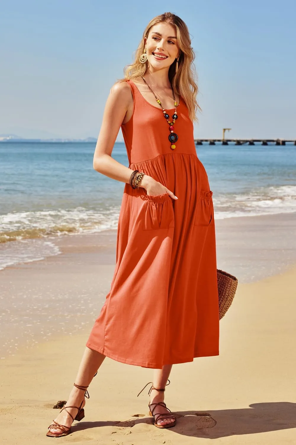 Newshows Women's 2024 Summer Sundresses Casual Beach Vacation Outfits Long Flowy Sleeveless Tank Maxi Dress with Pockets