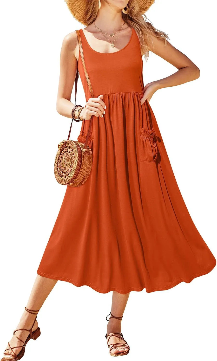 Newshows Women's 2024 Summer Sundresses Casual Beach Vacation Outfits Long Flowy Sleeveless Tank Maxi Dress with Pockets