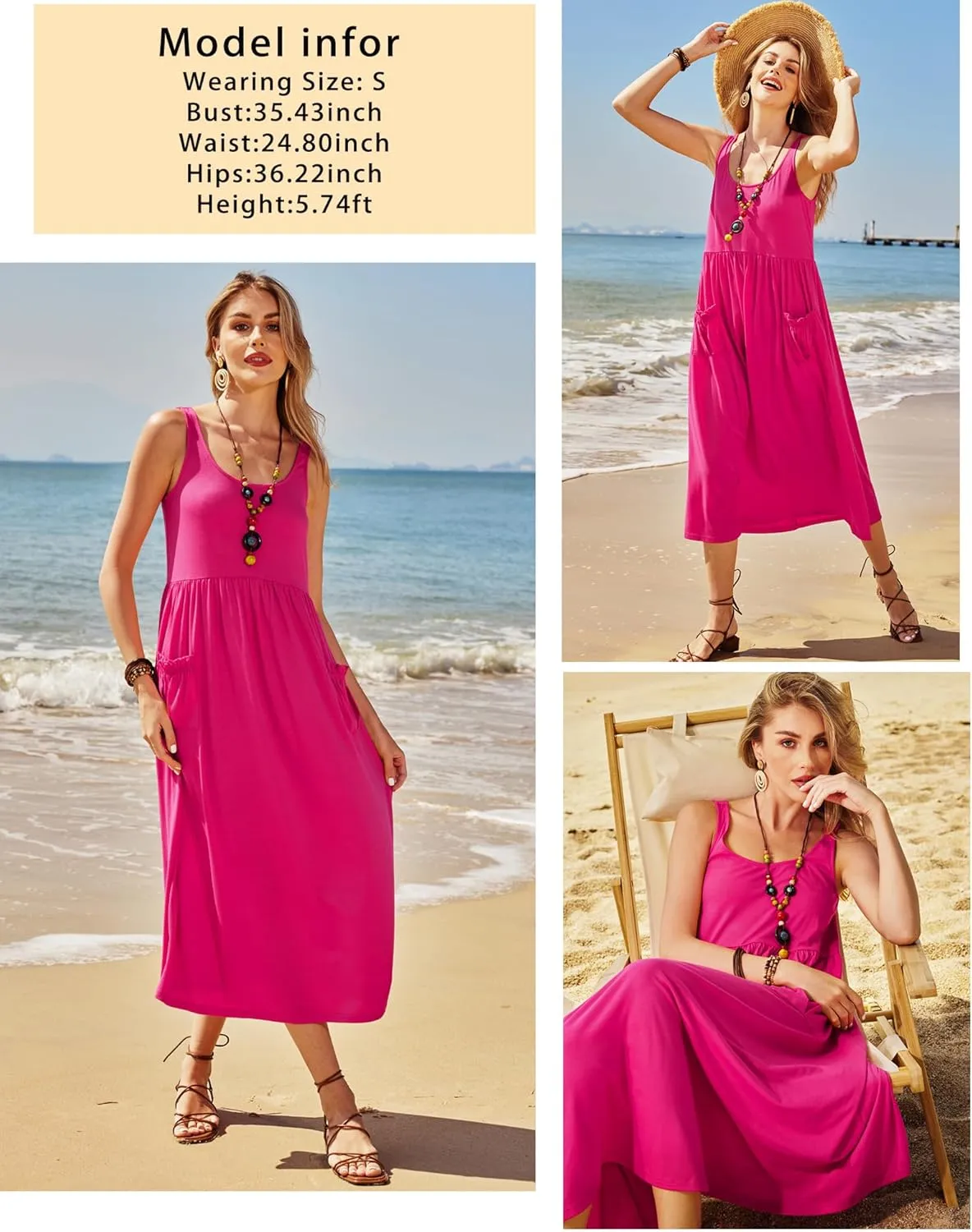 Newshows Women's 2024 Summer Sundresses Casual Beach Vacation Outfits Long Flowy Sleeveless Tank Maxi Dress with Pockets