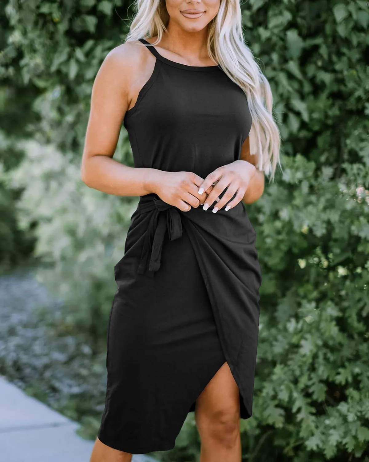 NOLLSOM Women Casual Sleeveless Striped Tank Midi Dresses Halter Neck Ruched Bodycon Dresses Tie Waist T Shirt Summer Dress