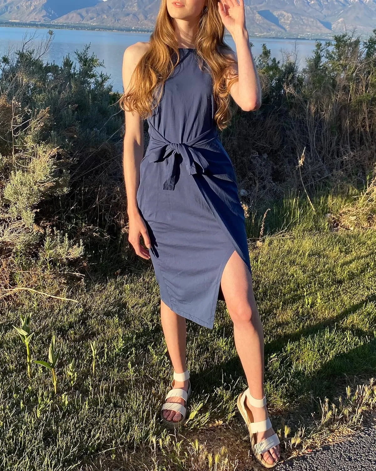 NOLLSOM Women Casual Sleeveless Striped Tank Midi Dresses Halter Neck Ruched Bodycon Dresses Tie Waist T Shirt Summer Dress