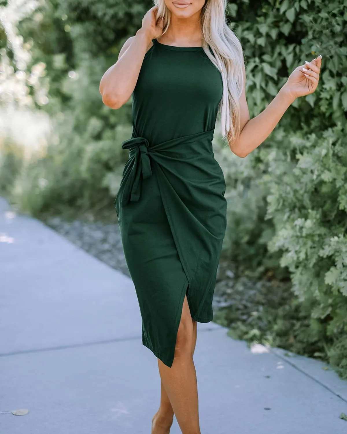 NOLLSOM Women Casual Sleeveless Striped Tank Midi Dresses Halter Neck Ruched Bodycon Dresses Tie Waist T Shirt Summer Dress