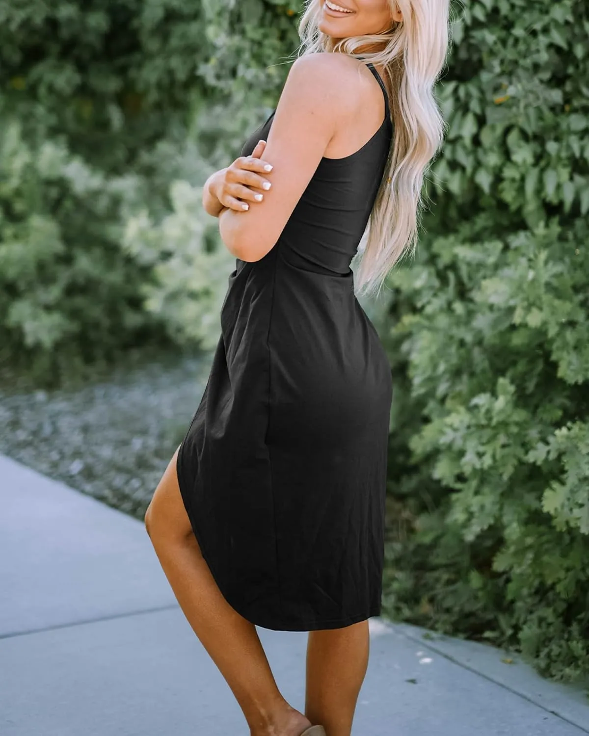 NOLLSOM Women Casual Sleeveless Striped Tank Midi Dresses Halter Neck Ruched Bodycon Dresses Tie Waist T Shirt Summer Dress