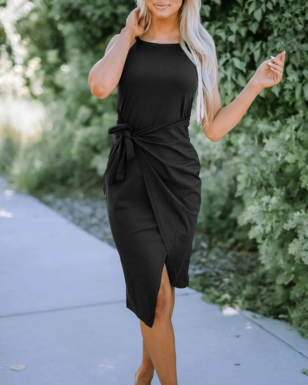 NOLLSOM Women Casual Sleeveless Striped Tank Midi Dresses Halter Neck Ruched Bodycon Dresses Tie Waist T Shirt Summer Dress