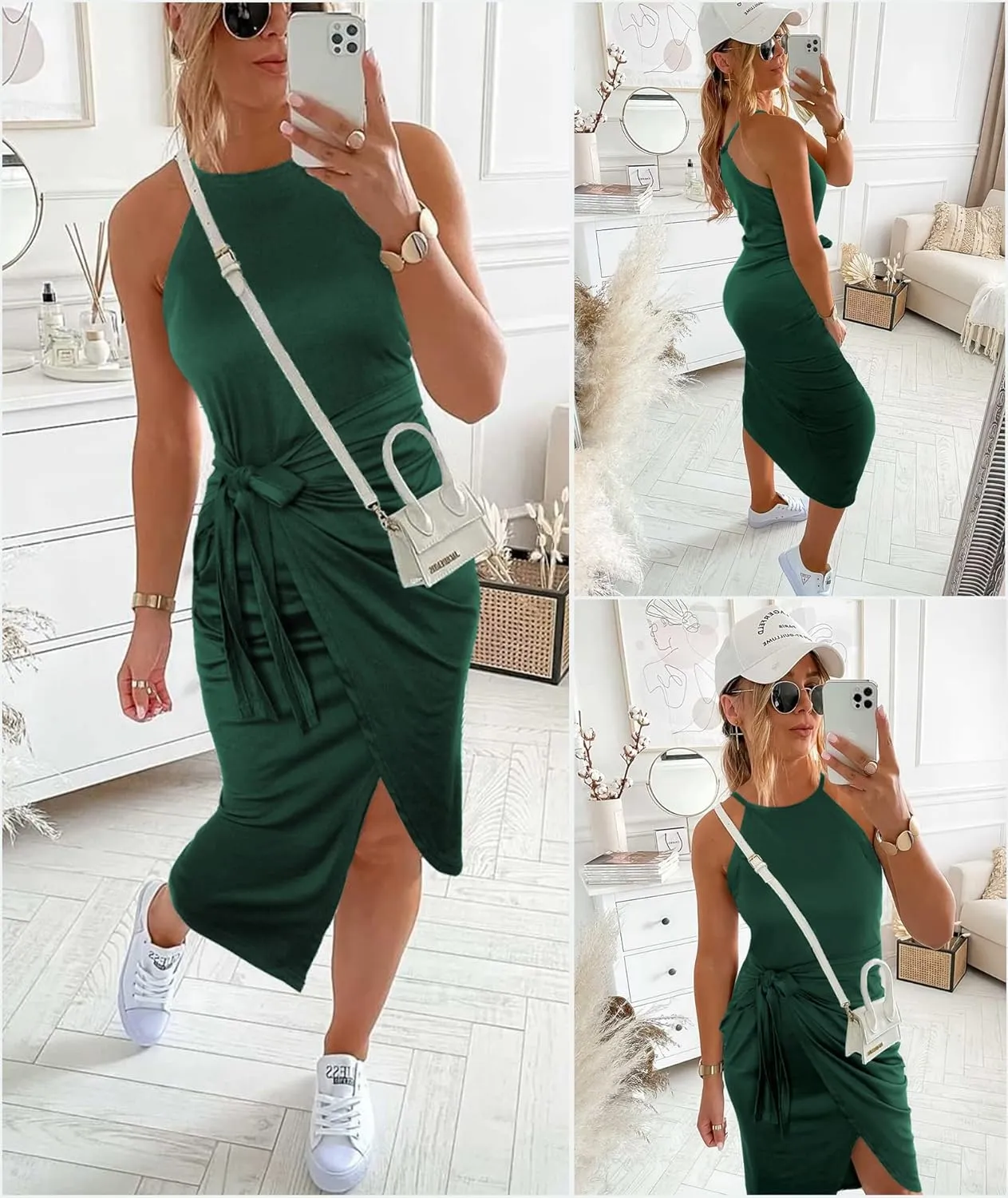 NOLLSOM Women Casual Sleeveless Striped Tank Midi Dresses Halter Neck Ruched Bodycon Dresses Tie Waist T Shirt Summer Dress