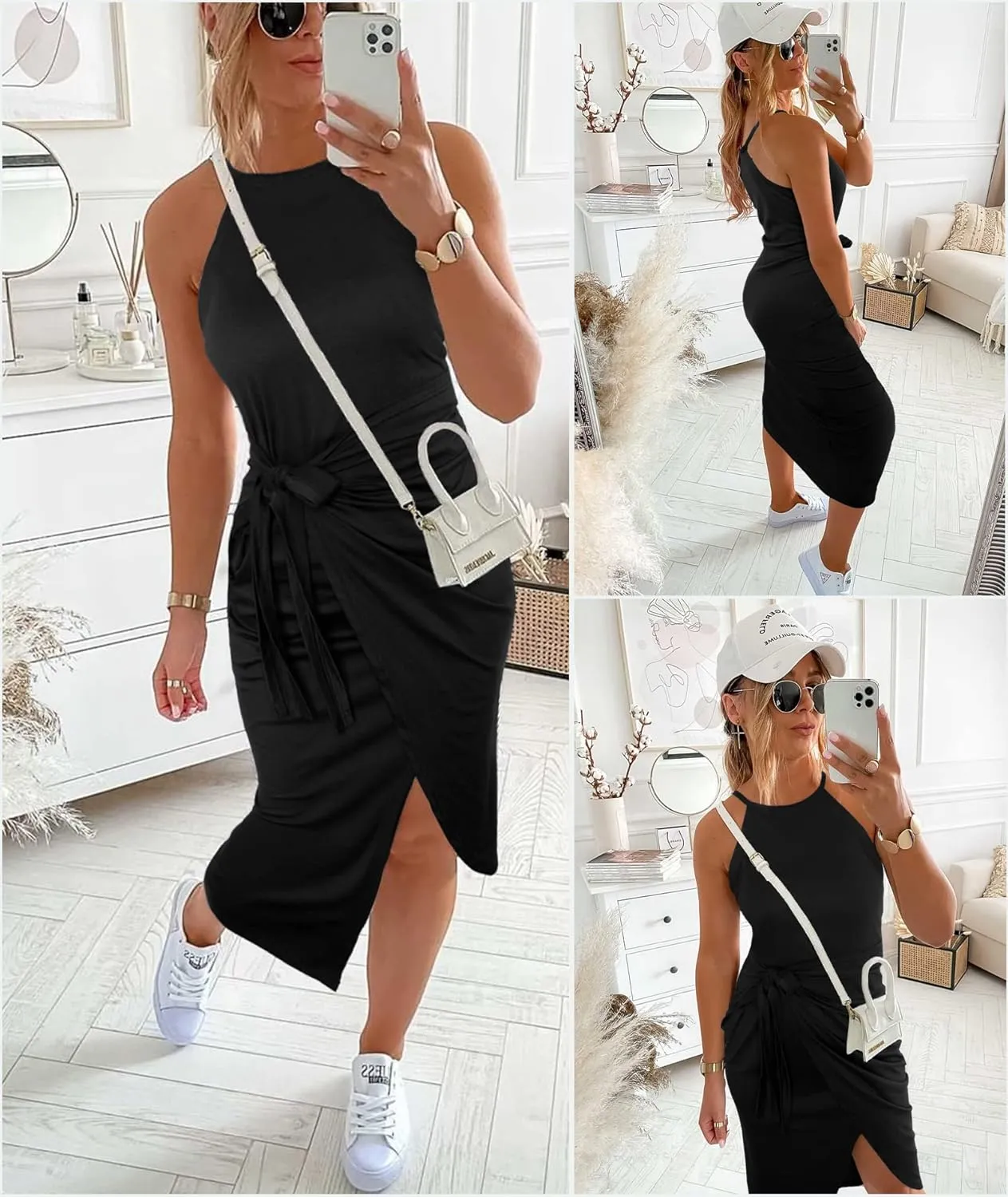 NOLLSOM Women Casual Sleeveless Striped Tank Midi Dresses Halter Neck Ruched Bodycon Dresses Tie Waist T Shirt Summer Dress