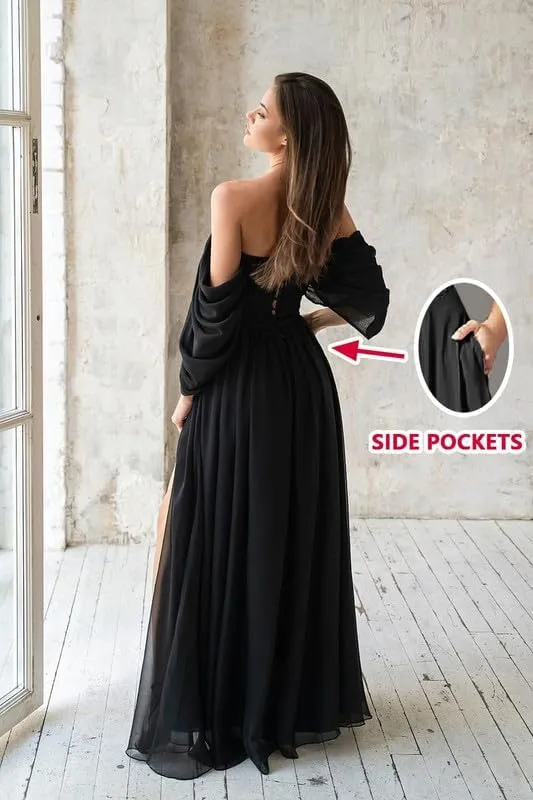 Off Shoulder Bridesmaid Dresses Chiffon A Line Formal Dress for Wedding Long Slit Wedding Guest Dress with Pockets