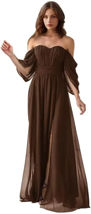 Off Shoulder Bridesmaid Dresses Chiffon A Line Formal Dress for Wedding Long Slit Wedding Guest Dress with Pockets