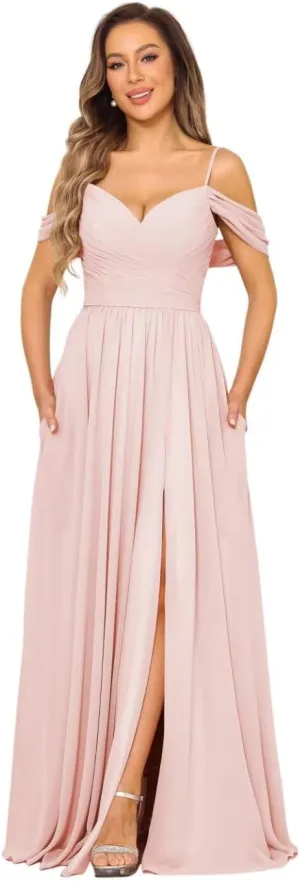 Off Shoulder Bridesmaid Dresses Long Slit 2025 Sweetheart Chiffon A Line Formal Party Dress with Pockets XOD010