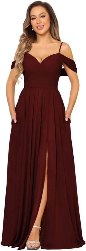 Off Shoulder Bridesmaid Dresses Long Slit 2025 Sweetheart Chiffon A Line Formal Party Dress with Pockets XOD010