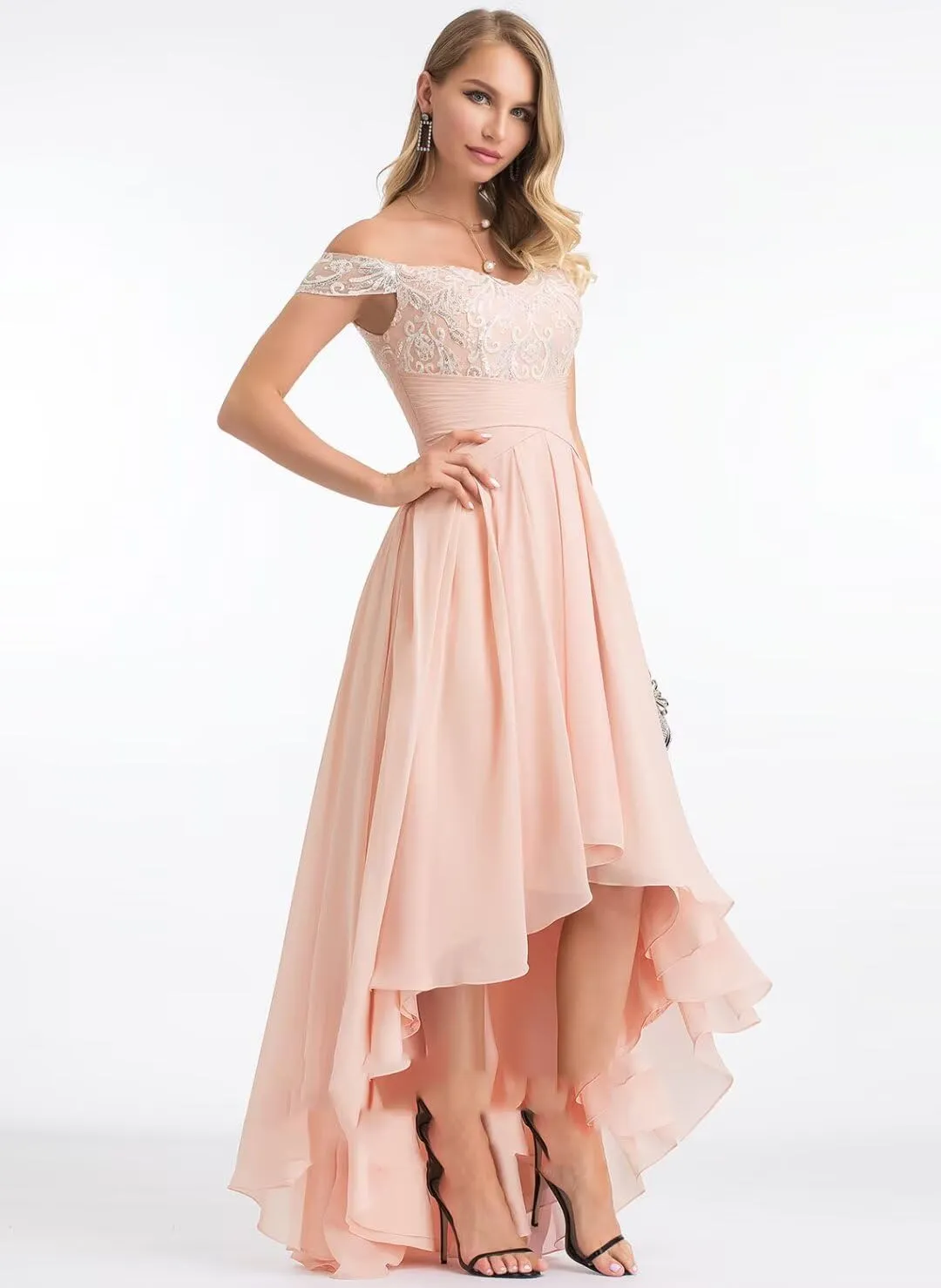 Off Shoulder Lace Mother of The Bride Dresses for Women Chiffon Bridesmaid Dress A Line High Low Formal Gown