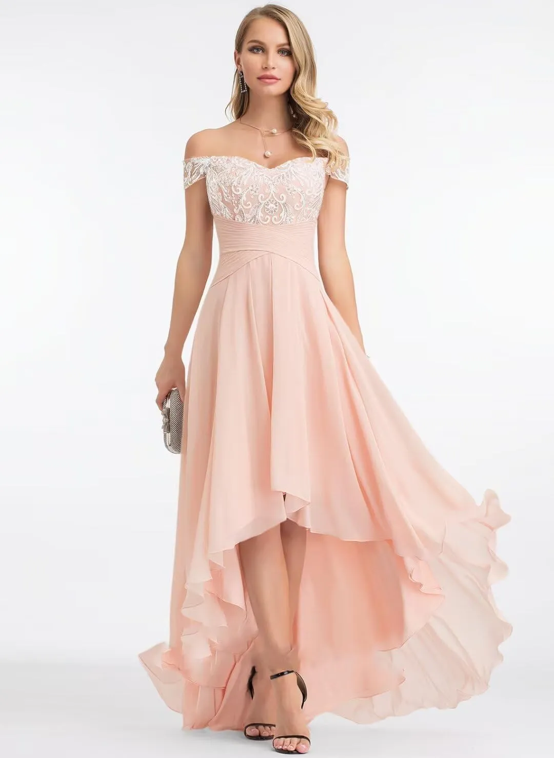 Off Shoulder Lace Mother of The Bride Dresses for Women Chiffon Bridesmaid Dress A Line High Low Formal Gown