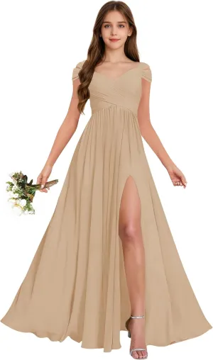 Off The Shoulder Junior Bridesmaid Dresses Pleated Chiffon Split Flower Girl Dress for Formal Wedding Gowns