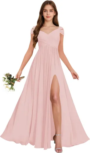 Off The Shoulder Junior Bridesmaid Dresses Pleated Chiffon Split Flower Girl Dress for Formal Wedding Gowns