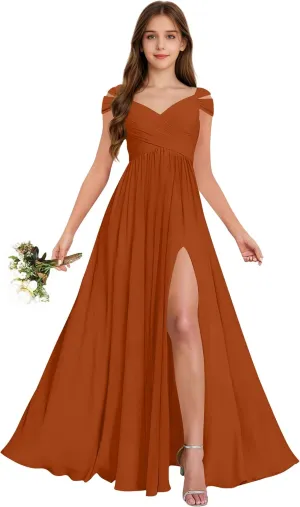 Off The Shoulder Junior Bridesmaid Dresses Pleated Chiffon Split Flower Girl Dress for Formal Wedding Gowns