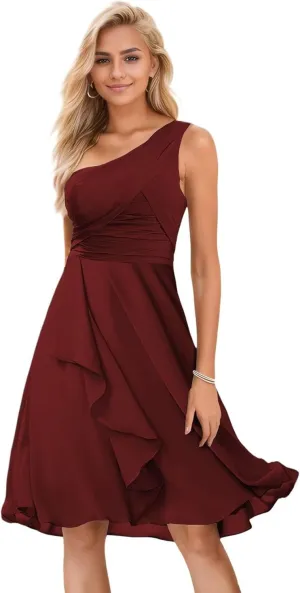 One Shoulder Bridesmaid Dresses Short Ruched Chiffon Formal Dress for Women Wedding Guest