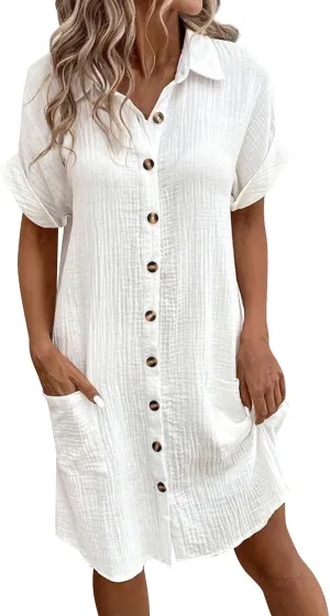 Palaver Summer Dresses for Women 2025 Casual Button Down Short Sleeve Tshirt Dress Beach Vacation Midi Dresses with Pockets
