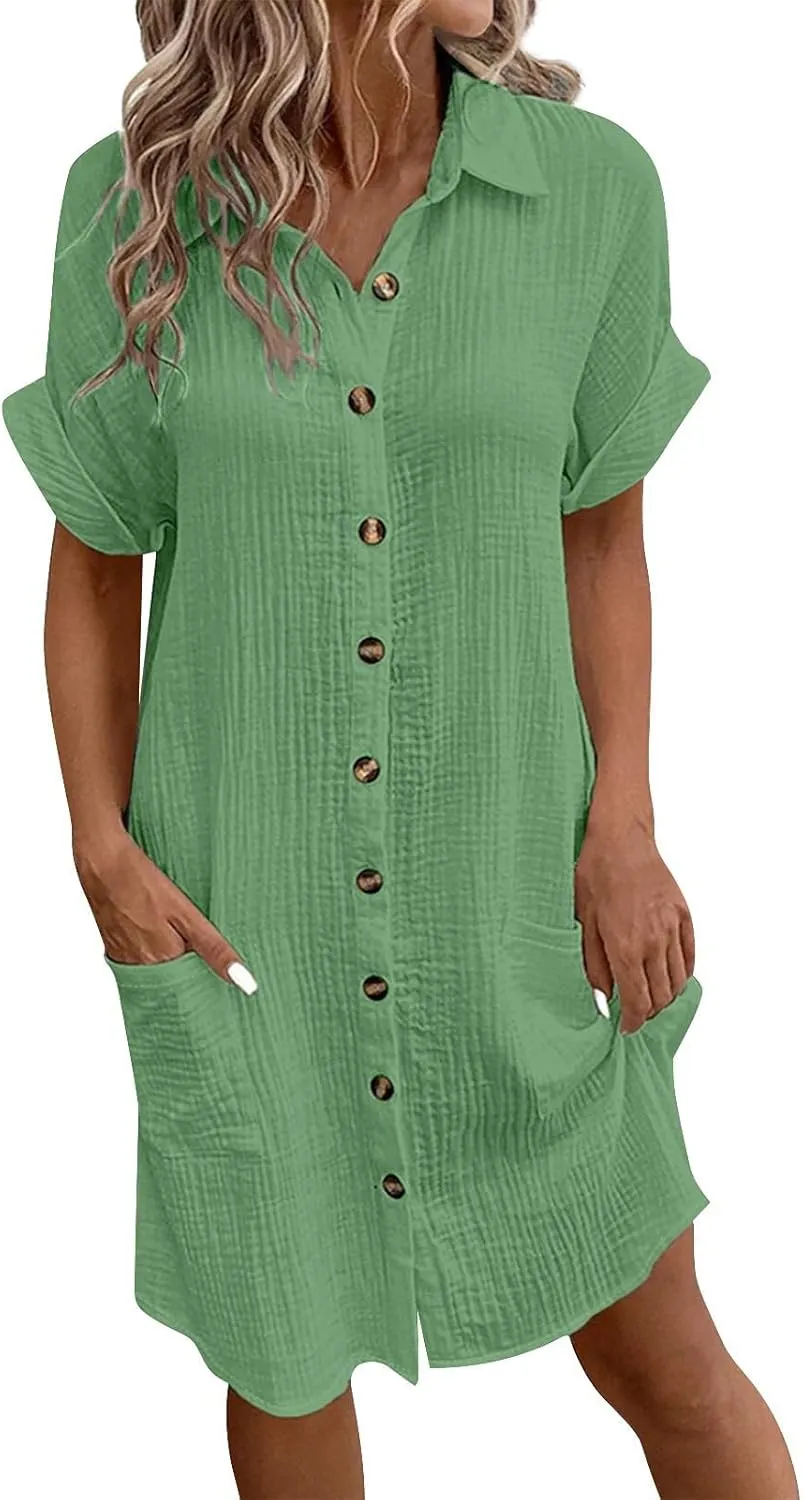 Palaver Summer Dresses for Women 2025 Casual Button Down Short Sleeve Tshirt Dress Beach Vacation Midi Dresses with Pockets