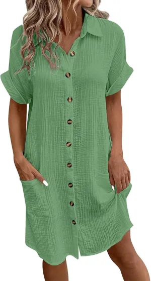 Palaver Summer Dresses for Women 2025 Casual Button Down Short Sleeve Tshirt Dress Beach Vacation Midi Dresses with Pockets