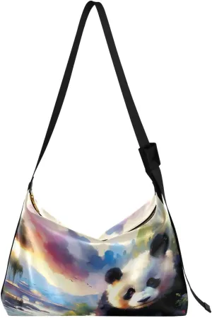 Panda Cute Hobo Crossbody Bags for Women Leather Large Shoulder Bag Cross Body Watercolor Artistic Trendy Womens Tote Bags Handbag for Travel Shopping