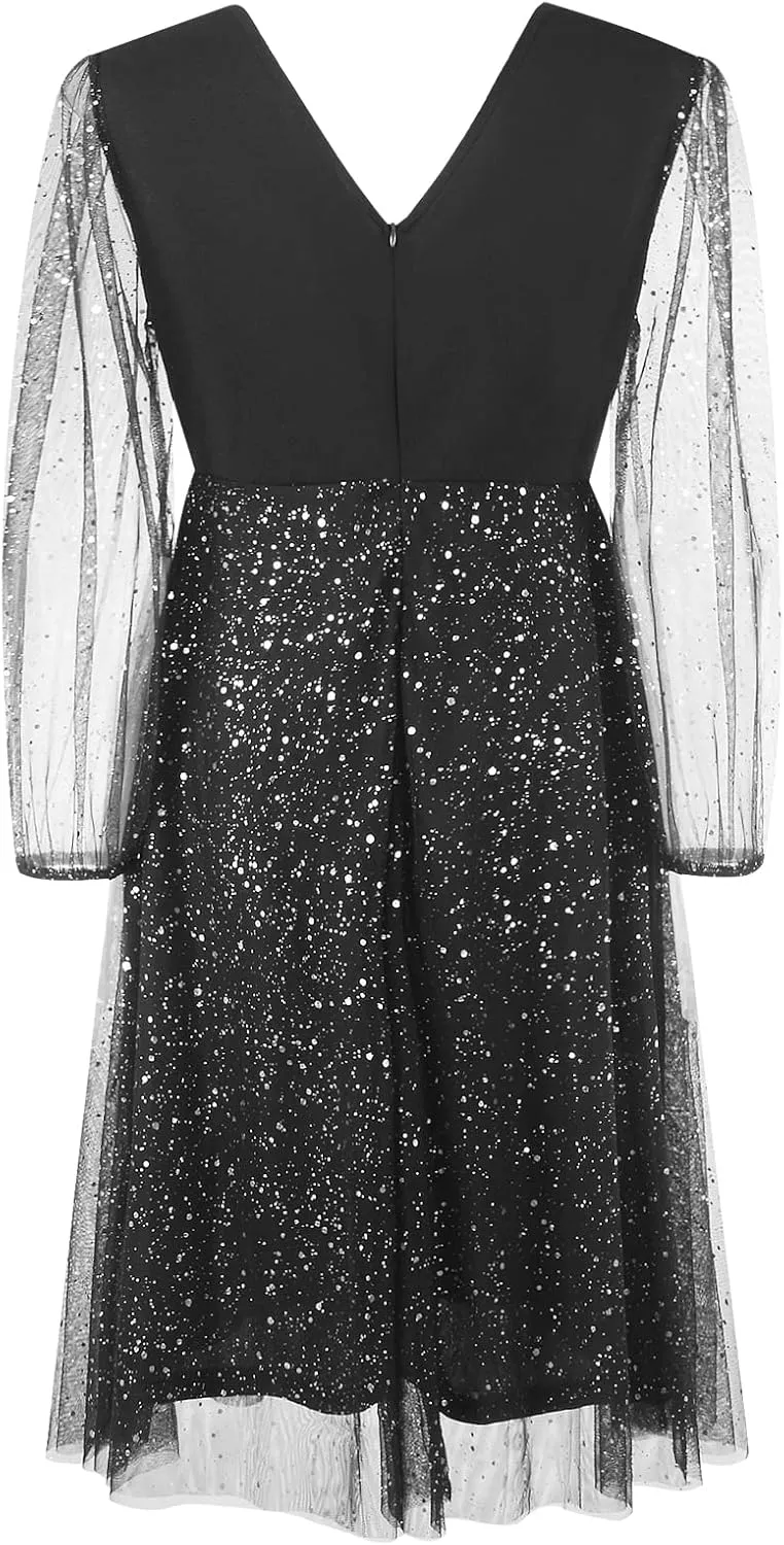 Parara Plus Size Mesh Cocktail Evening Party Dress for Women V Neck Long Sheer Sleeve Midi Formal Dresses