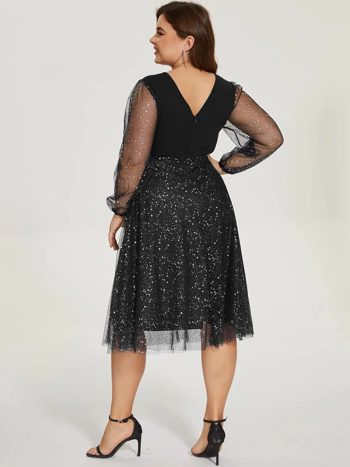 Parara Plus Size Mesh Cocktail Evening Party Dress for Women V Neck Long Sheer Sleeve Midi Formal Dresses