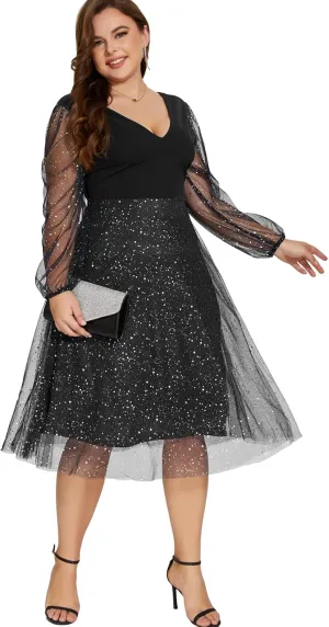 Parara Plus Size Mesh Cocktail Evening Party Dress for Women V Neck Long Sheer Sleeve Midi Formal Dresses