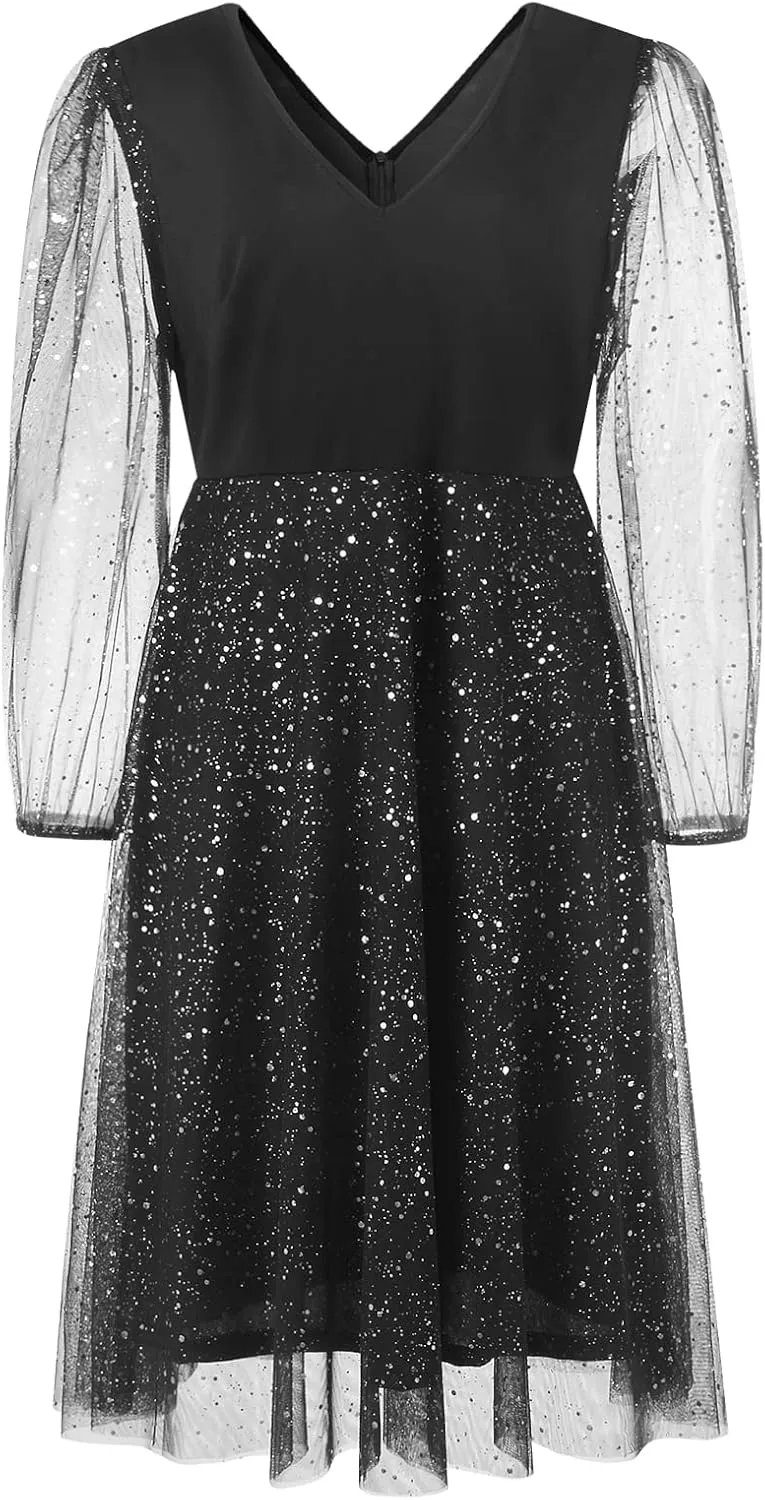 Parara Plus Size Mesh Cocktail Evening Party Dress for Women V Neck Long Sheer Sleeve Midi Formal Dresses