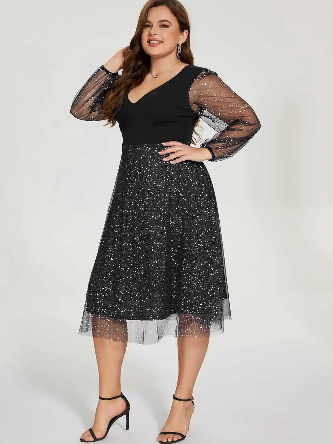 Parara Plus Size Mesh Cocktail Evening Party Dress for Women V Neck Long Sheer Sleeve Midi Formal Dresses