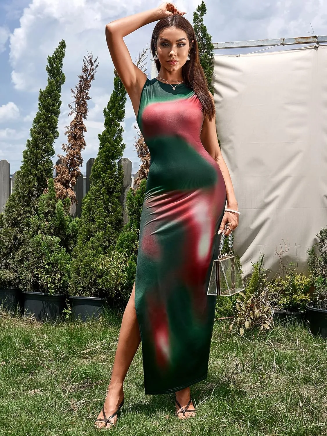 Parthea Womens 2024 Summer Sexy Bodycon Sleeveless Tank Tie Dye Dress Crewneck Elegant Midi Club Beach Sundresses