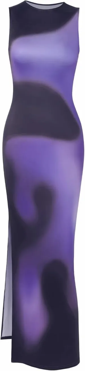 Parthea Womens 2024 Summer Sexy Bodycon Sleeveless Tank Tie Dye Dress Crewneck Elegant Midi Club Beach Sundresses
