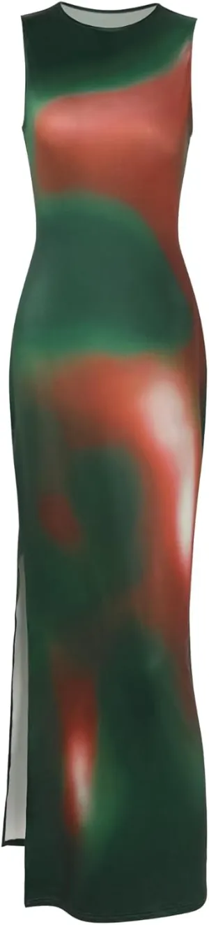 Parthea Womens 2024 Summer Sexy Bodycon Sleeveless Tank Tie Dye Dress Crewneck Elegant Midi Club Beach Sundresses