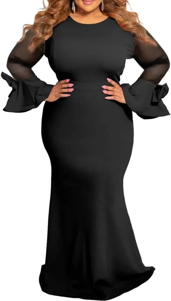 Patchwork Fashion Mesh Women Dress Plus Sleeve Long Casual Solid Size O-Neck Plus Size Dress Casual Skirts for