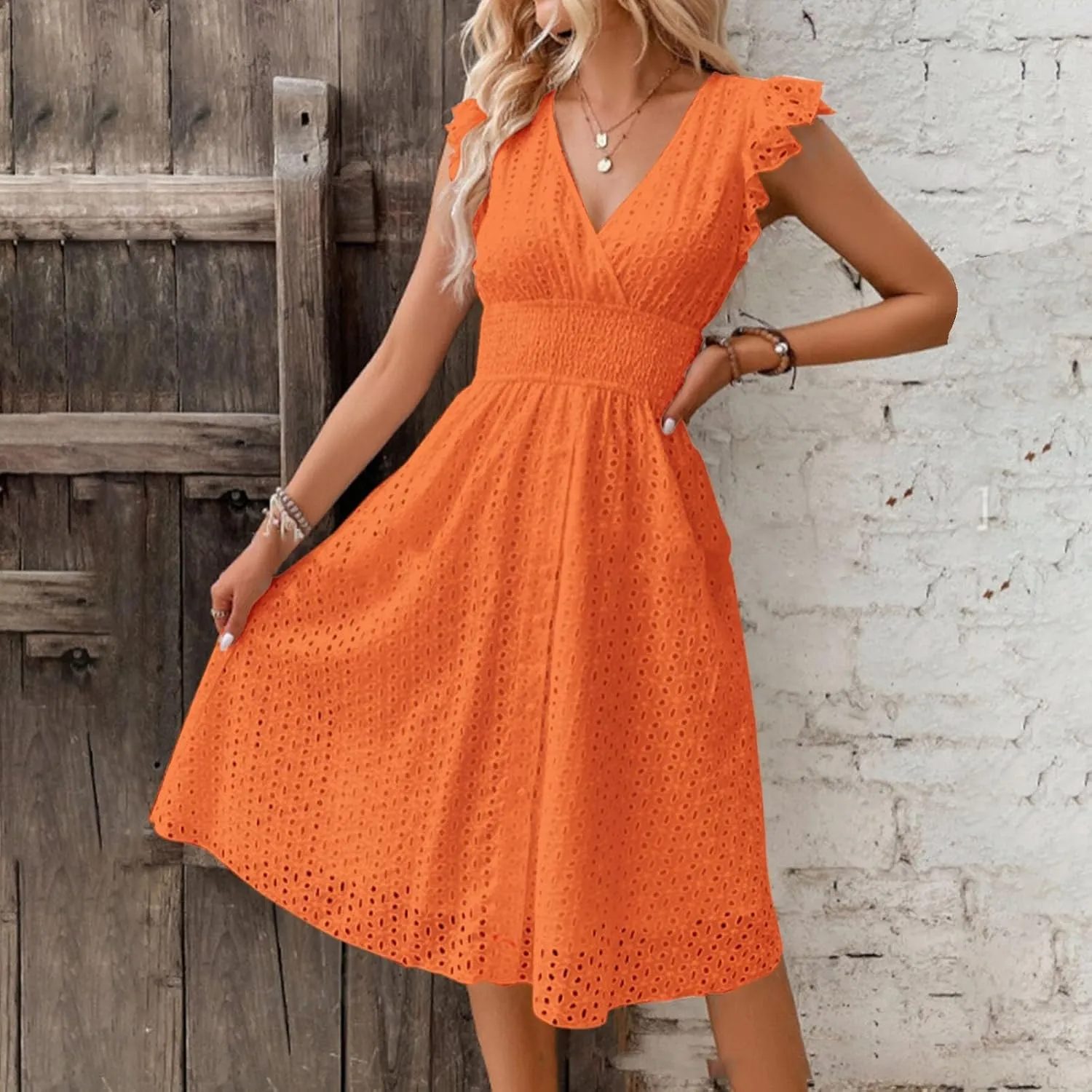 Petite Dresses for Women 5 ft Plus Size Floral Lace Embroidery V-Neck A-Line Midi Dress Breathable Hollow Out Design