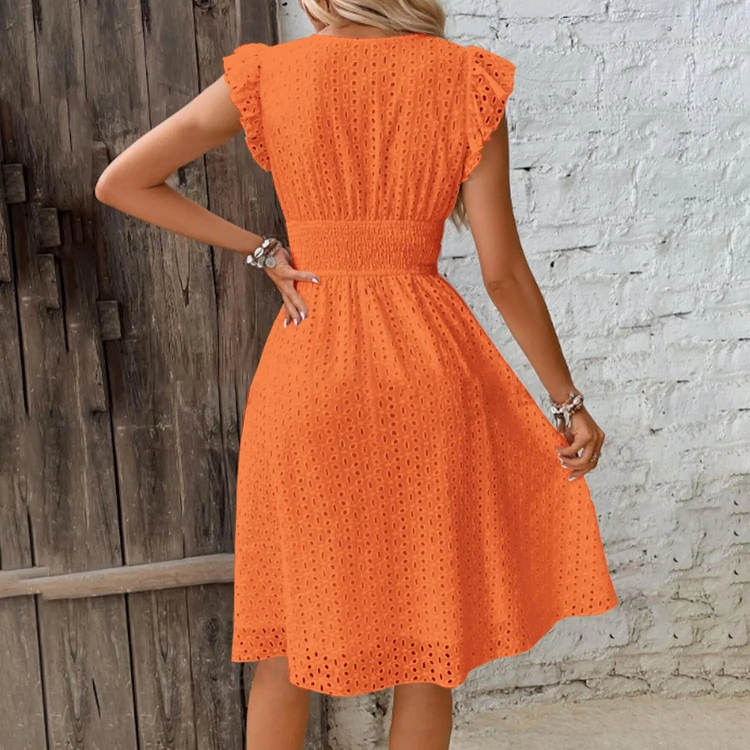Petite Dresses for Women 5 ft Plus Size Floral Lace Embroidery V-Neck A-Line Midi Dress Breathable Hollow Out Design