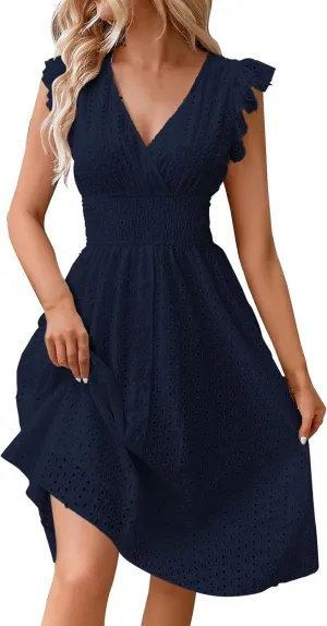 Petite Dresses for Women 5 ft Plus Size Floral Lace Embroidery V-Neck A-Line Midi Dress Breathable Hollow Out Design