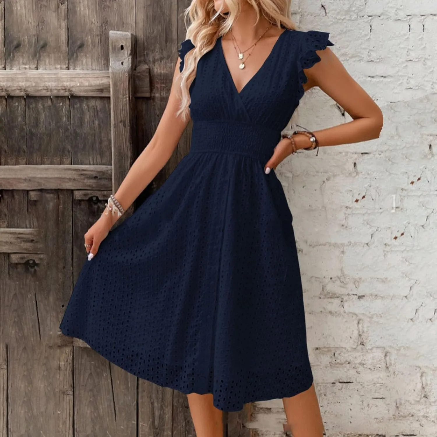 Petite Dresses for Women 5 ft Plus Size Floral Lace Embroidery V-Neck A-Line Midi Dress Breathable Hollow Out Design